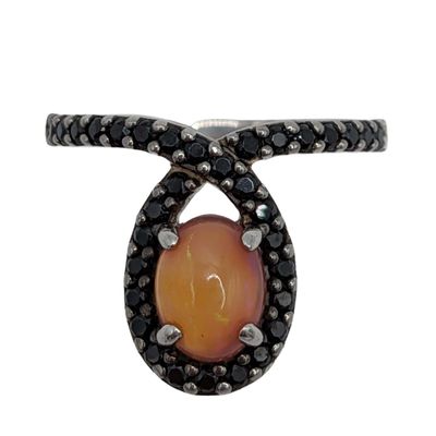 Signed Sterling Silver Faux Opal Black Rhinestone Ring Size 6.25
