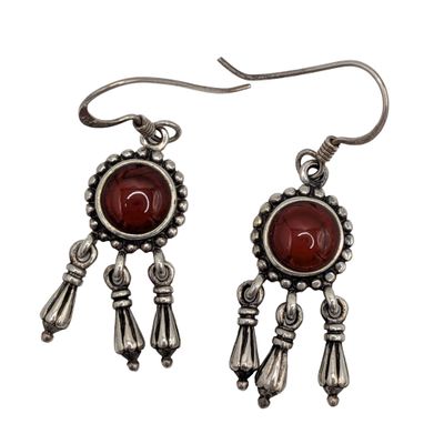 Signed Sterling Silver Red Glass Cabochon Dangle Earrings