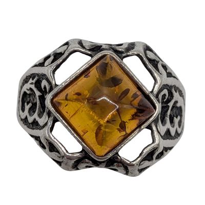 Sterling Silver Amber Open Set Ring Size 6
