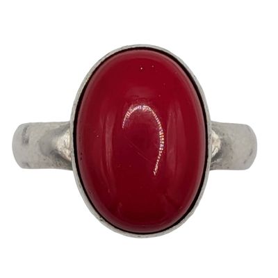 Sterling Silver Oval Faux Coral Cabochon Ring Size 6.75