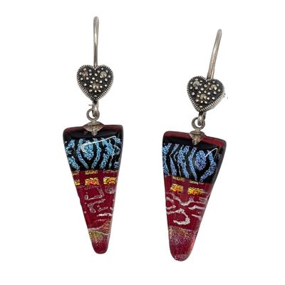Sterling Silver Marcasite Dichroic Glass Dangle Earrings