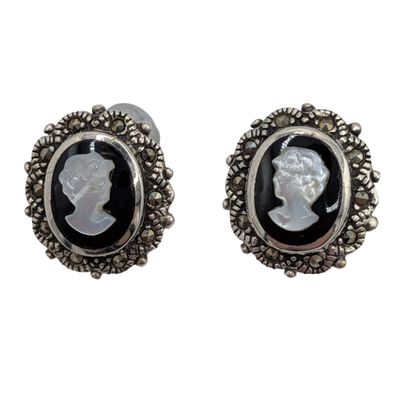 Sterling Silver Onyx Mother Of Pearl Marcasite Cameo Stud Earrings