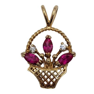 Signed Gold Over Sterling Silver Ruby CZ Floral Basket Pendant