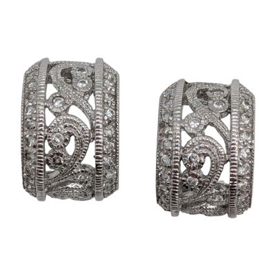 Signed Sterling Silver CZ Scroll Cut Half Hoop Stud Earrings