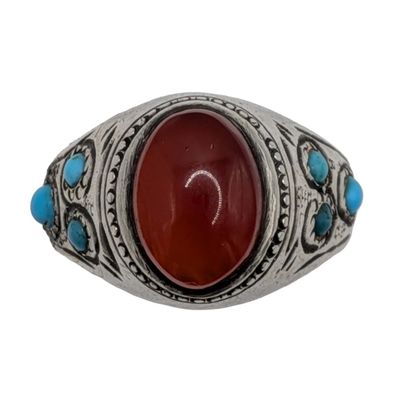 Vintage Chinese Export Sterling Silver Faux Carnelian Turquoise Ring Size 8.75