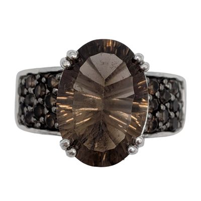 Signed Sterling Silver Smoky Quartz Onyx Ring Size 7