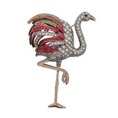 Gold Tone Rhinestone Enamel Flamingo Brooch