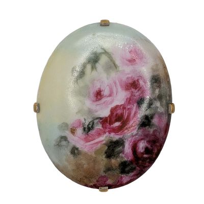 Signed Gold Tone Porcelain Hand Painted Rose Brooch