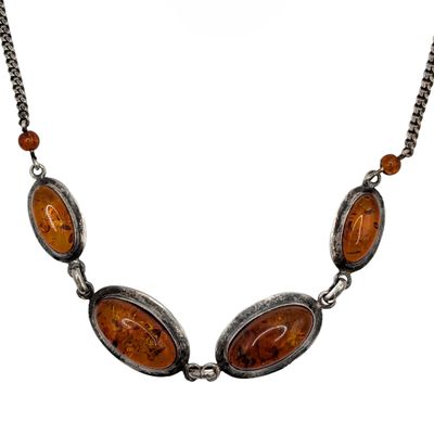 Signed Sterling Silver Amber Link Necklace