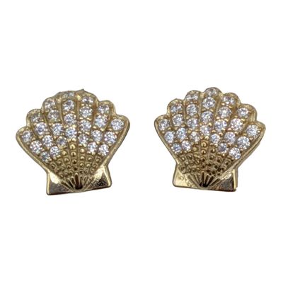 Gold Over Sterling Silver CZ Shell Stud Earrings
