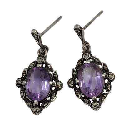 Sterling Silver Amethyst Marcasite Oval Drop Stud Earrings