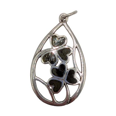 Irish Sterling Silver Moss Agate Double Shamrock Drop Pendant