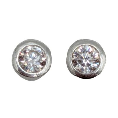 Signed Sterling Silver CZ Bezel Set Solitaire Stud Earrings