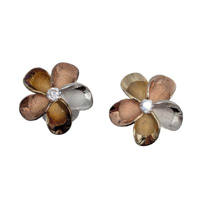 Signed Gold Over Sterling Silver 3 Tone Flower Stud CZ Earrings