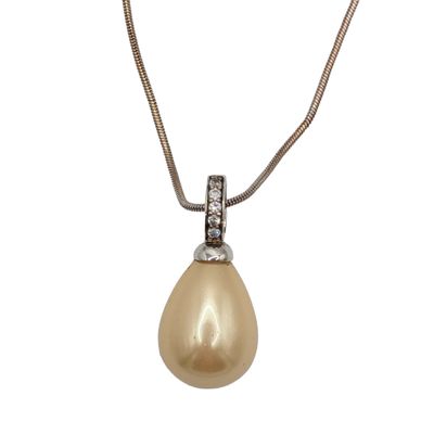Signed Sterling Silver Faux Pearl CZ Drop Pendant Necklace