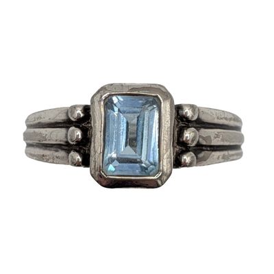 Signed Sterling Silver Blue Topaz Bezel Set Dot Ring Size 8
