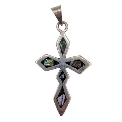 Signed Mexico Sterling Silver Abalone Inlay Cross Pendant