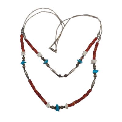 Southwest Sterling Liquid Silver Turquoise Coral Shell Necklace