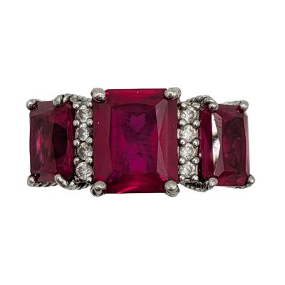 Judith Ripka Sterling Silver Ruby CZ Three Stone Ring Size 6