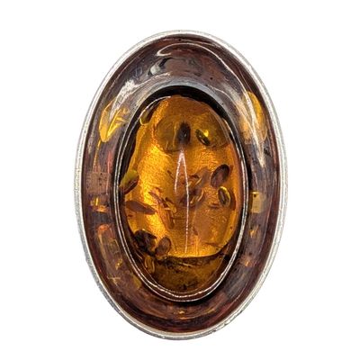 Sterling Silver Amber Oval Deep Set Dish Ring Size 6