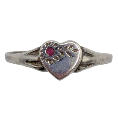 Sterling Silver Ruby Stamped Heart Ring Size 7