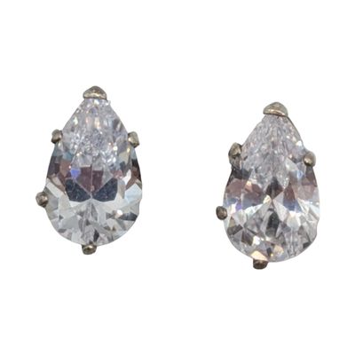 Signed Sterling Silver CZ Pear Cut Solitaire Stud Earrings