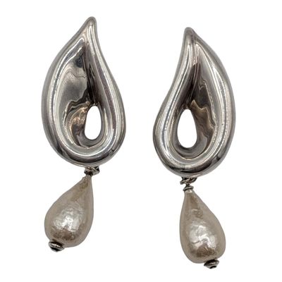 Frederic Jean Duclos Sterling Silver Baroque Pearl Modern Drop Earrings