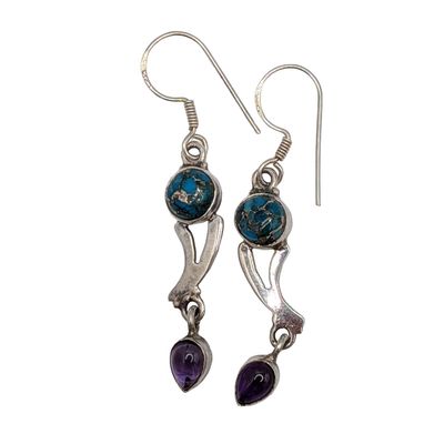 Sterling Silver Blue Dahlia Turquoise Amethyst Dangle Earrings
