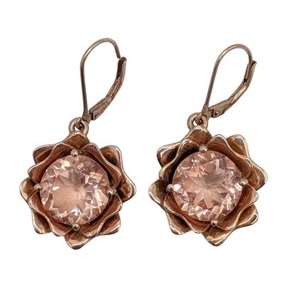 Signed Rose Gold Over Sterling Silver Rose Quartz Flower Drop Earrings