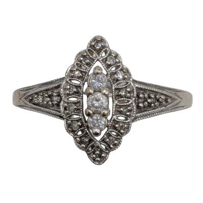 Signed 10K White Gold Diamond Filigree Marquise Style Ring Size 10.5