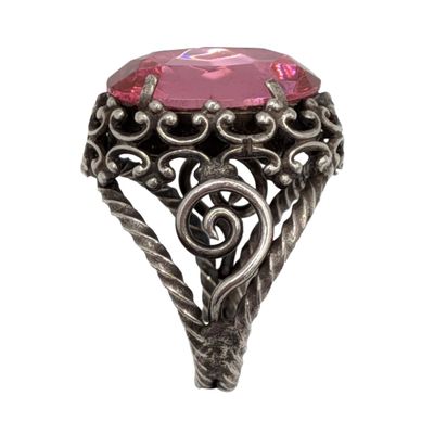 Sterling Silver Pink Rhinestone Open Work Adjustable Ring