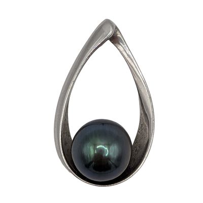 Signed Sterling Silver Slide Through Teardrop Faux Black Pearl Pendant