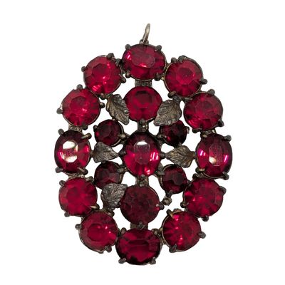 Vintage Silver Tone Red Rhinestone Cluster Leaf Pendant