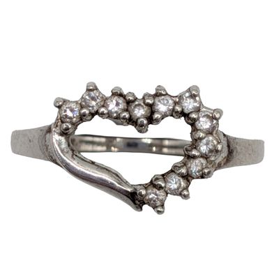 Signed Sterling Silver Rhinestone Open Heart Ring Size 8