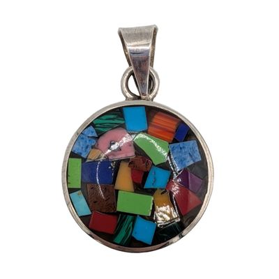 Mexico Sterling Silver Multi-Stone Mosaic Inlay Pendant