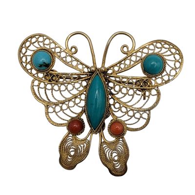 Gold Over Sterling Silver Turquoise Coral Filigree Butterfly Brooch
