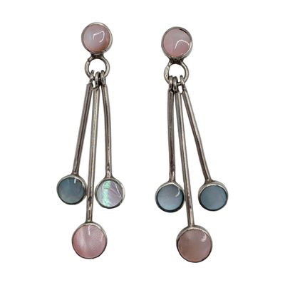 Signed Sterling Silver Mother Of Pearl Inlay Drop Stud Earrings