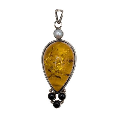 Sterling Silver Amber Pearl Onyx Cluster Drop Pendant