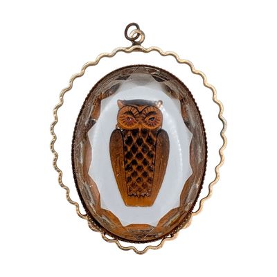 Gold Tone Metal Carved Reverse Intaglio Glass Owl Pendant