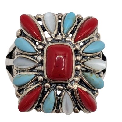 Signed Sterling Silver Multi-Stone Cluster Ring Size 7