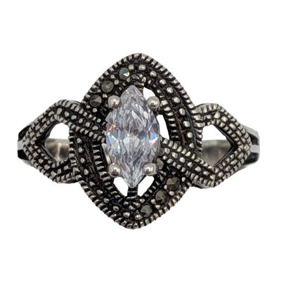 Signed Sterling Silver Rhinestone Marcasite Ring Size 8