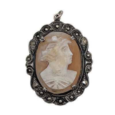 Vintage Sterling Silver Marcasite Shell Cameo Pendant