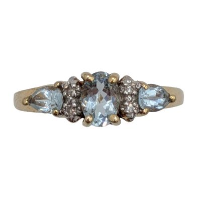 10K Yellow Gold Diamond Aquamarine Tapered Ring Size 7.5