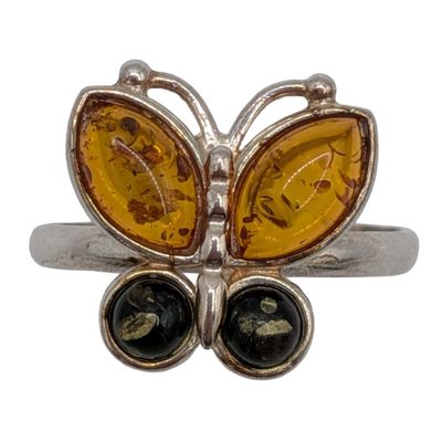 Signed Sterling Silver Green Amber Orange Amber Butterfly Ring 8.75