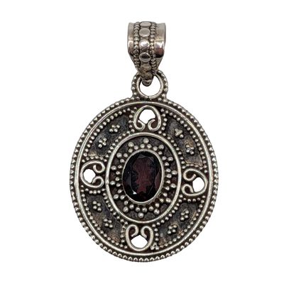 Sterling Silver Garnet Oval Granulated Bali Style Pendant
