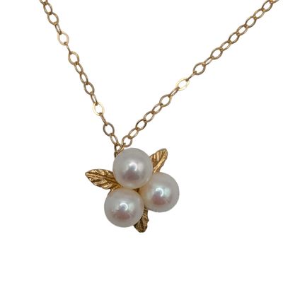 Signed 14K Yellow Gold Pearl Floral Necklace