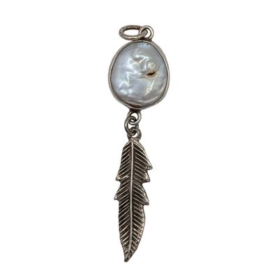 Sterling Silver Pearl Feather Dangle Pendant