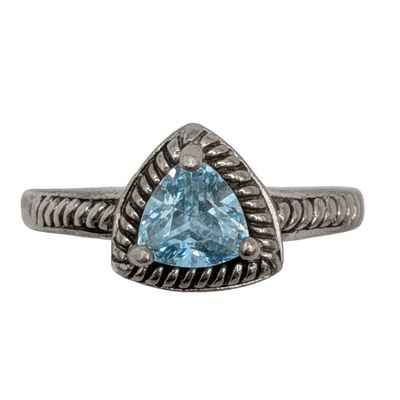 Signed Sterling Silver Blue Rhinestone Trillion Cut Ring Size 8