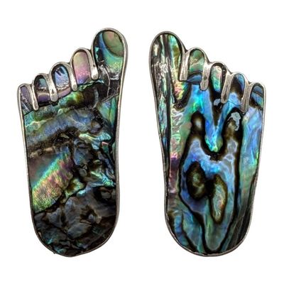 Signed Mexico Sterling Silver Abalone Inlay Foot Screw Back Earrings