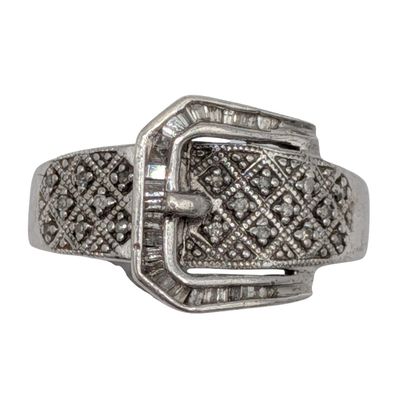 Signed Sterling Silver Diamond Pave Buckle Band Ring Size 6.5